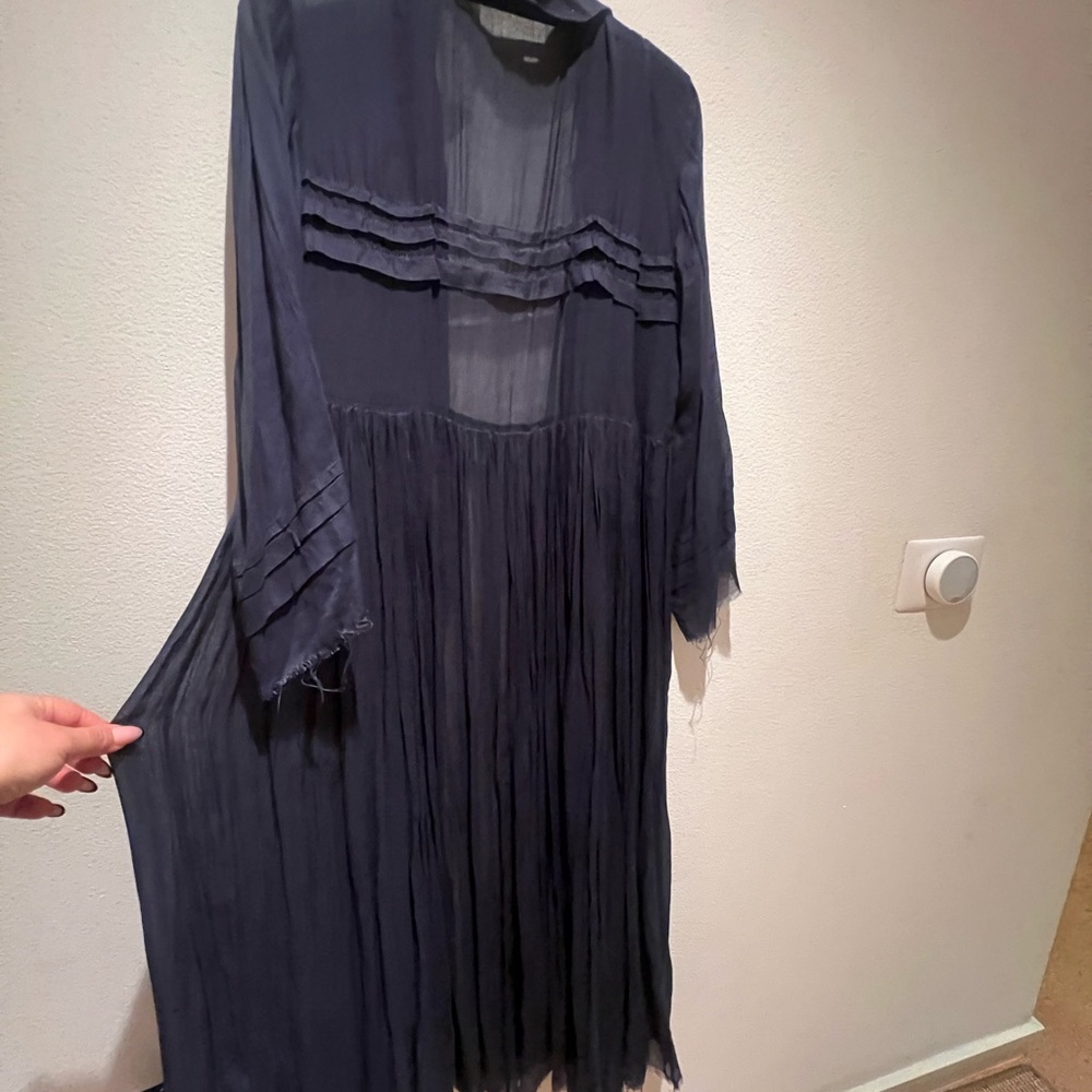 Navy Long-Sleeve Pleated Maxi tied in front Cardigan - Picture 5 of 11